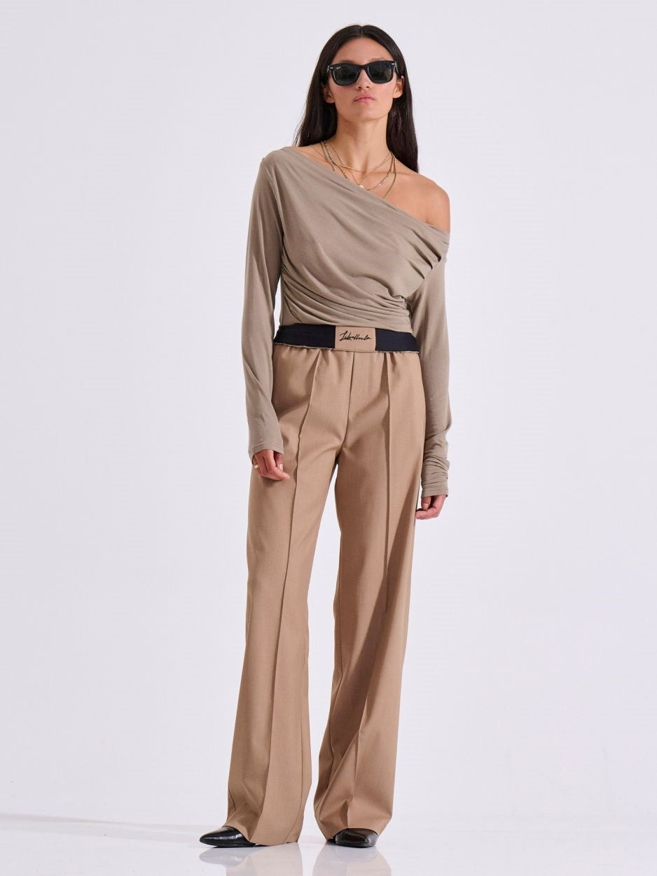 LIBELLOULA - Μπεζ γυναικείο ψηλόμεσο παντελόνι με λάστιχο στη μέση ROWAN
