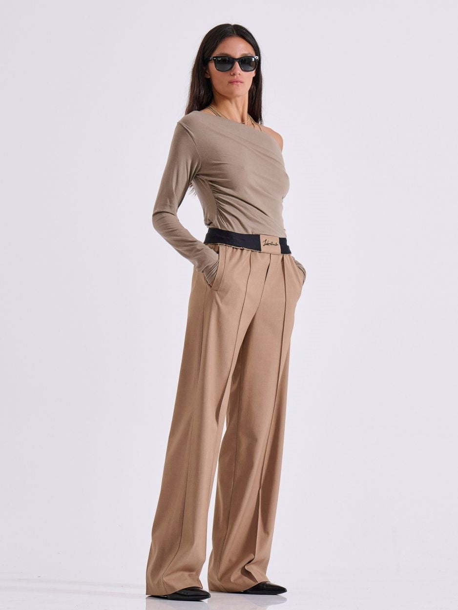 LIBELLOULA - Μπεζ γυναικείο ψηλόμεσο παντελόνι με λάστιχο στη μέση ROWAN