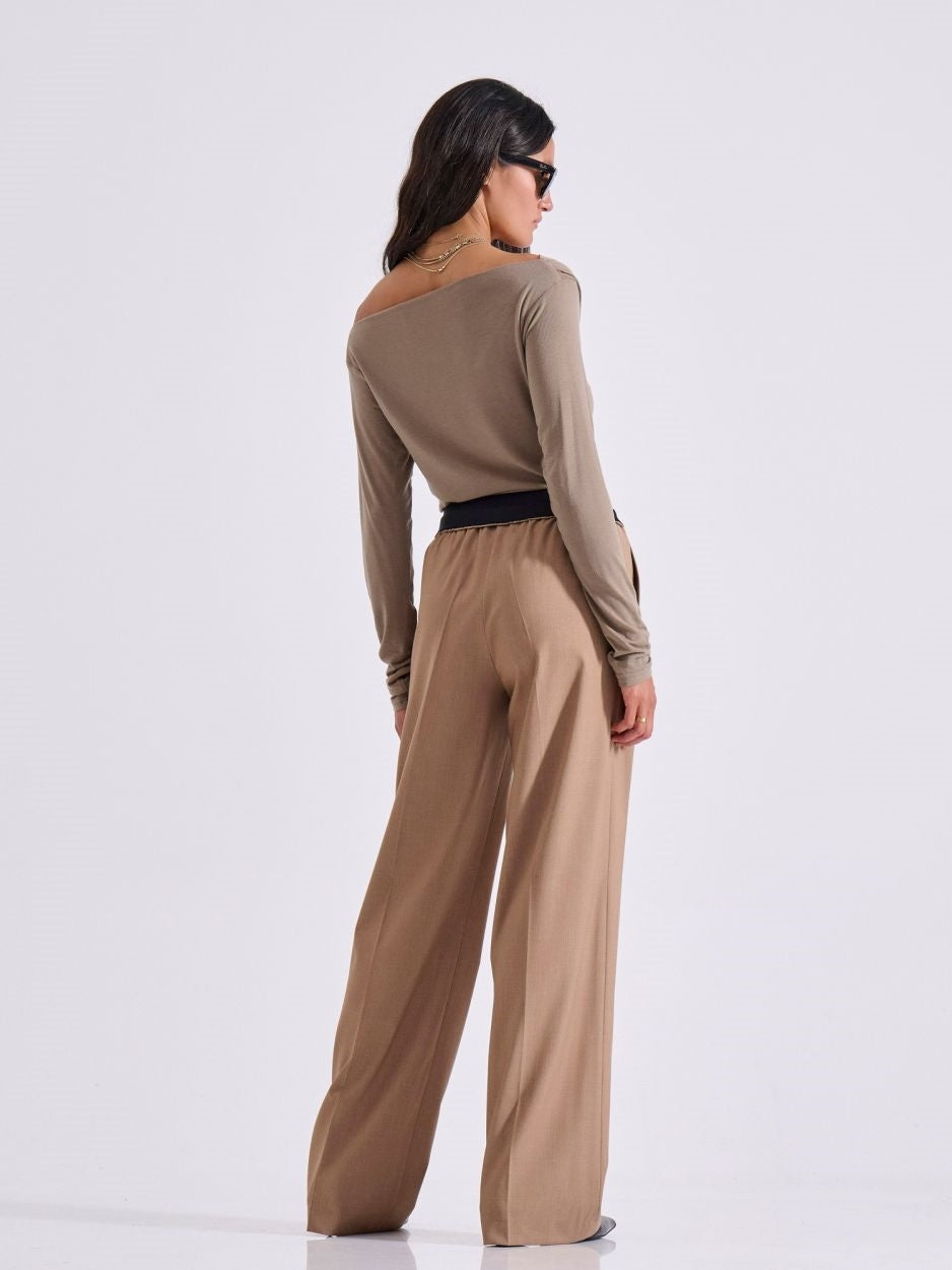 LIBELLOULA - Μπεζ γυναικείο ψηλόμεσο παντελόνι με λάστιχο στη μέση ROWAN