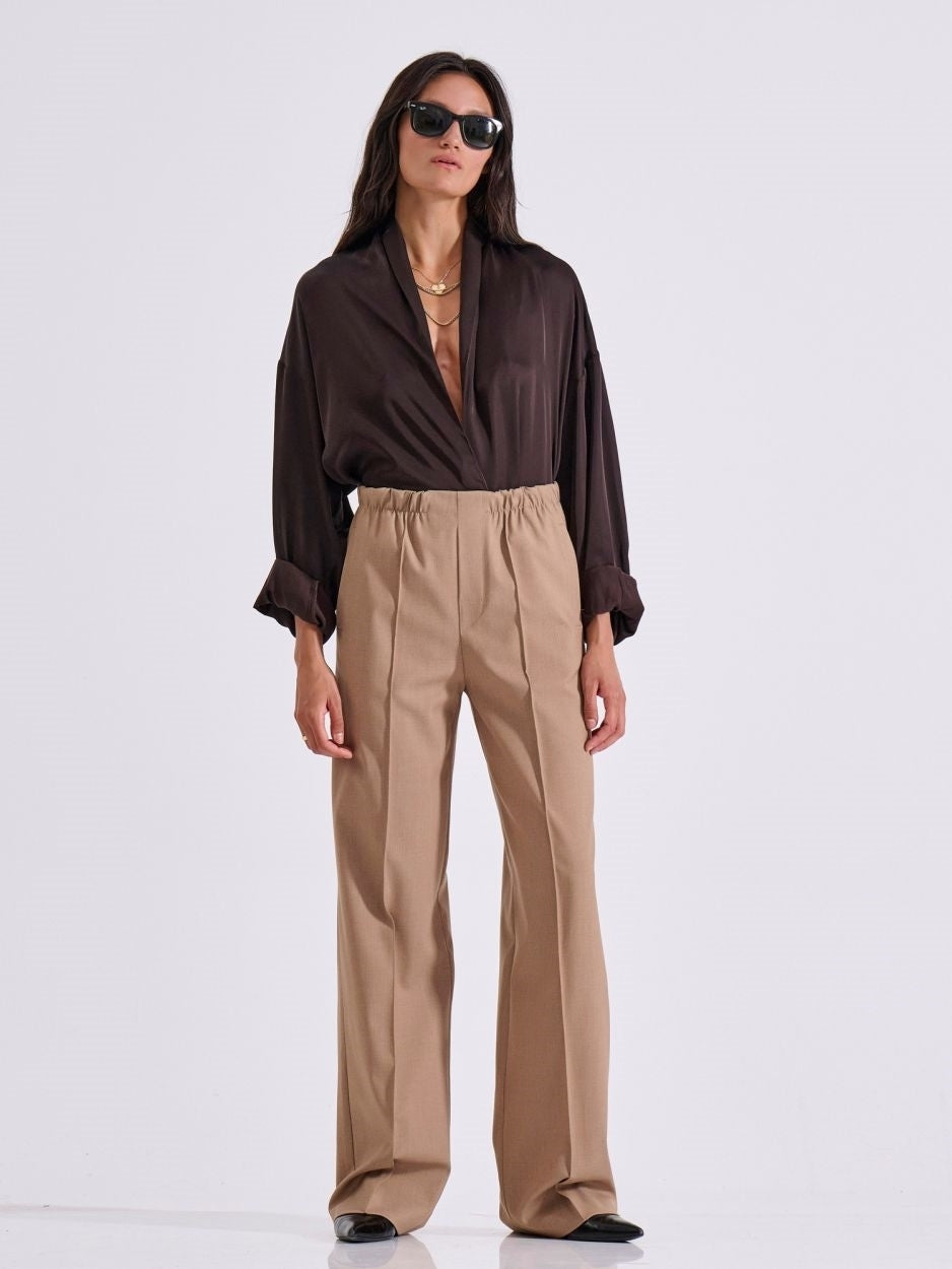 LIBELLOULA - Μπεζ γυναικείο ψηλόμεσο παντελόνι με λάστιχο στη μέση ROWAN