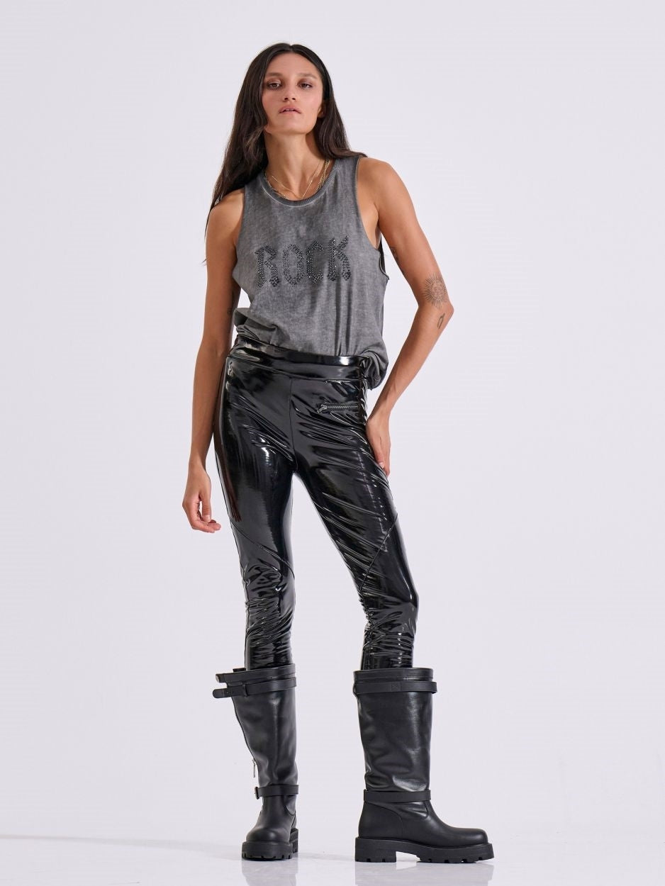 LIBELLOULA - Μαύρο γυαλιστερό γυναικείο κολάν βινύλ με μεταλλικά φερμουάρ IRIS