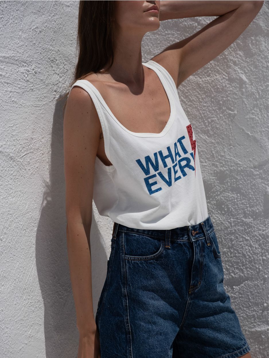 LIBELLOULA  White Tank Top With Print "WHATEVER" & Crystals SILVA