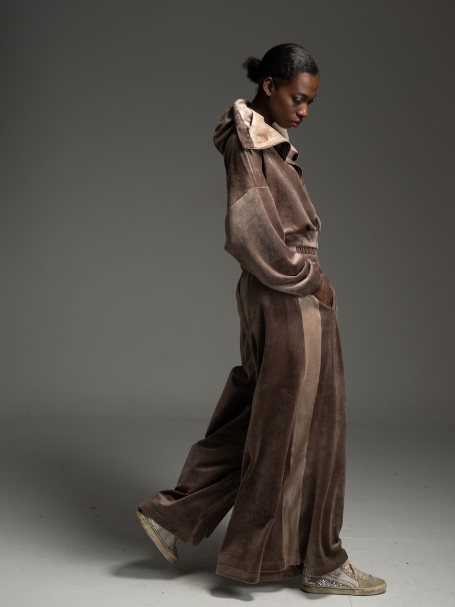 LIBELLOULA Καφέ Βελούδινη Φόρμα με Φαρδιά Γραμμή ALMA