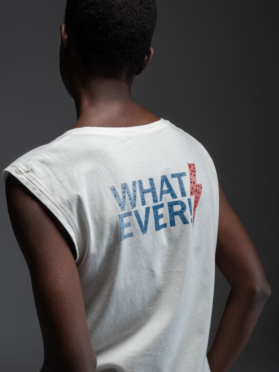 LIBELLOULA  Λευκό Αμάνικο T-Shirt Με Τύπωμα "WHATEVER" Στην Πλάτη & Κρύσταλλα YVONNE