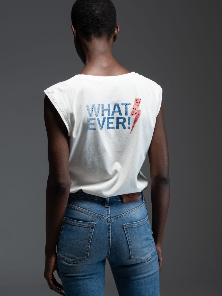 LIBELLOULA  Λευκό Αμάνικο T-Shirt Με Τύπωμα "WHATEVER" Στην Πλάτη & Κρύσταλλα YVONNE