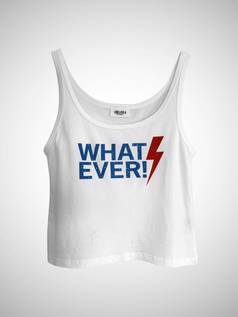 LIBELLOULA  White Tank Top With Print "WHATEVER" & Crystals SILVA