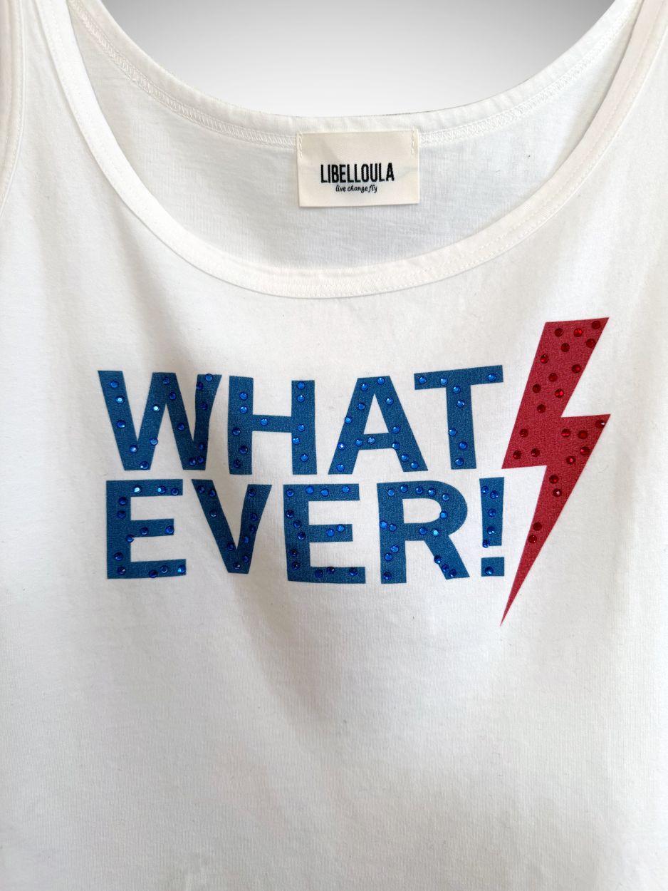 LIBELLOULA  White Tank Top With Print "WHATEVER" & Crystals SILVA